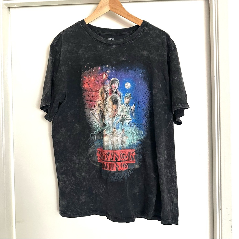 Stranger Things Graphic Tee – Black Bleach Wash, Cracked Worn-In Look